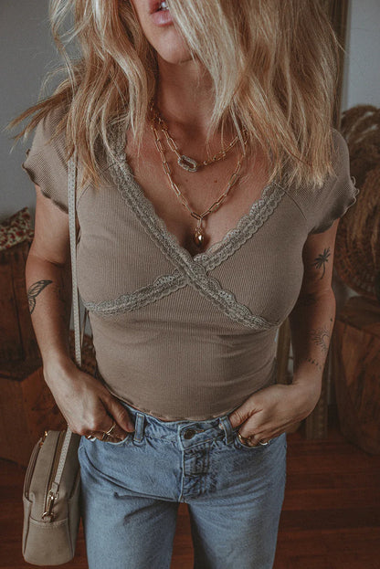 Dark Brown Lace Splicing Criss Cross Slim Fit V Neck T Shirt - Windgat