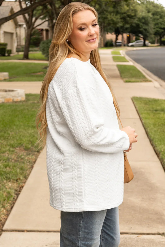 White Cable Textured Loose Plus Size Sweatshirt - Windgat