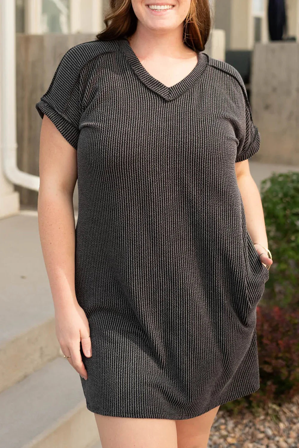 Carbon Grey Corded V Neck Plus Size T Shirt Dress with Pockets - Windgat