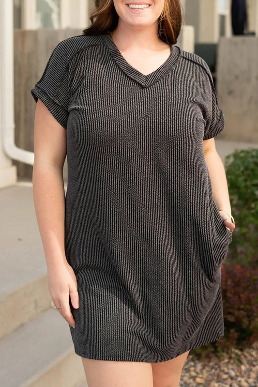 Carbon Grey Corded V Neck Plus Size T Shirt Dress with Pockets - Windgat
