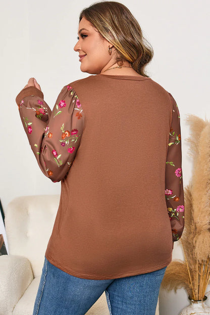 Brown Floral Sleeve Patchwork Round Neck Plus Blouse - Windgat