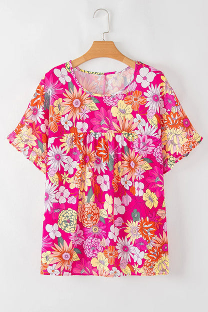 Rose Plus Size Floral Print Ruffle Short Sleeve Blouse - Windgat