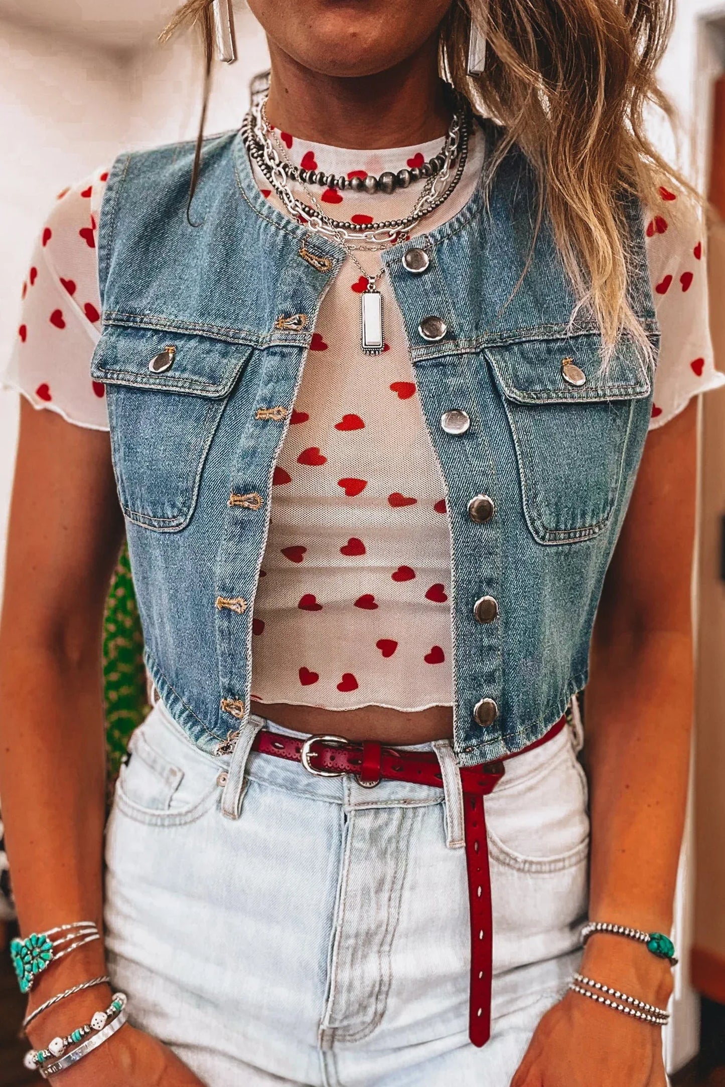 Racing Red Allover Heart Print Mesh Short Sleeve Top - Windgat