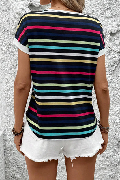Black Stripe Multicolor Contrast Edge Crew Neck T Shirt - Windgat