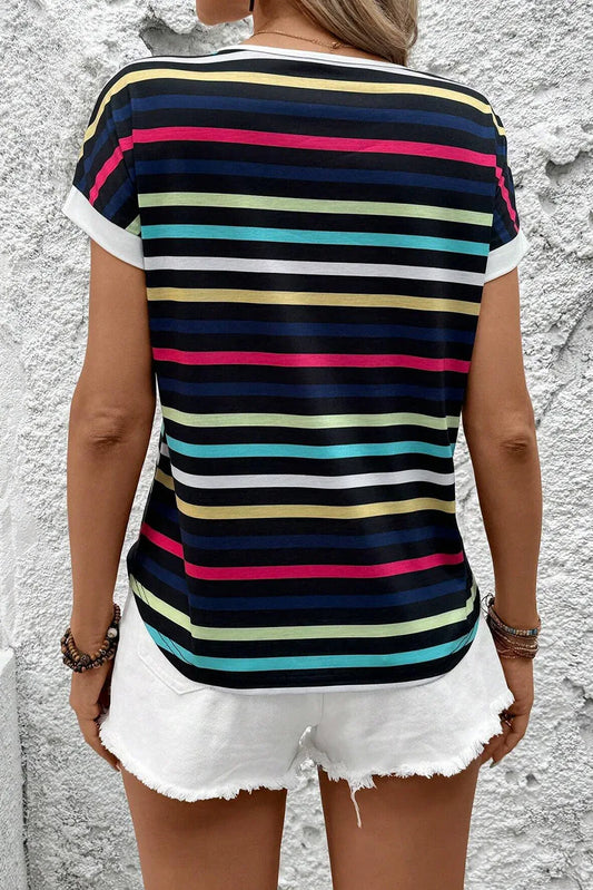 Black Stripe Multicolor Contrast Edge Crew Neck T Shirt - Windgat