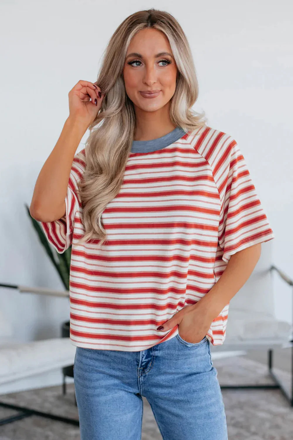 Tomato Red Stripe Print Contrast Collar Raglan Sleeve T Shirt - Windgat