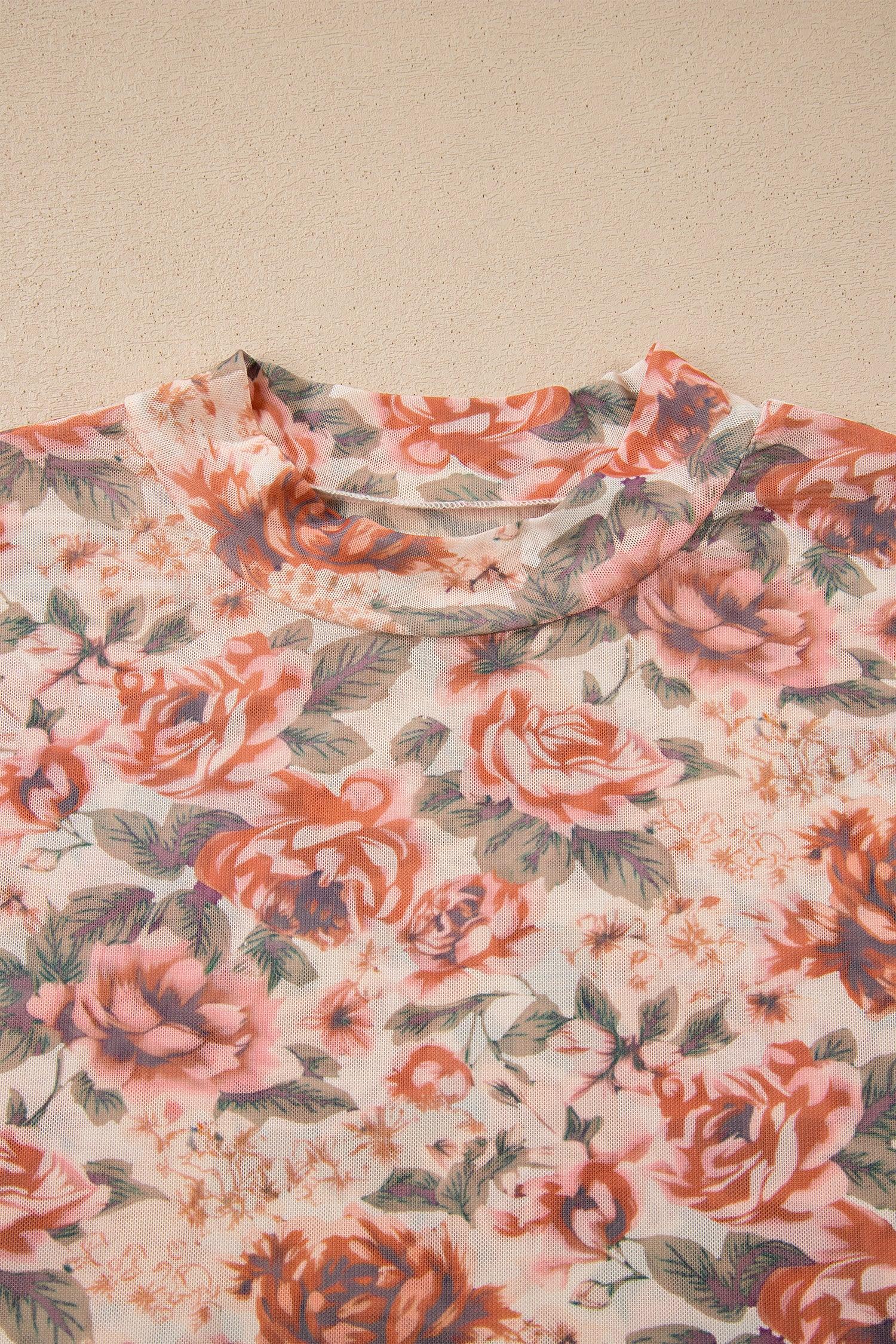 Pink Plus Size Floral Mock Neck Long Sleeve Slim Top - Windgat