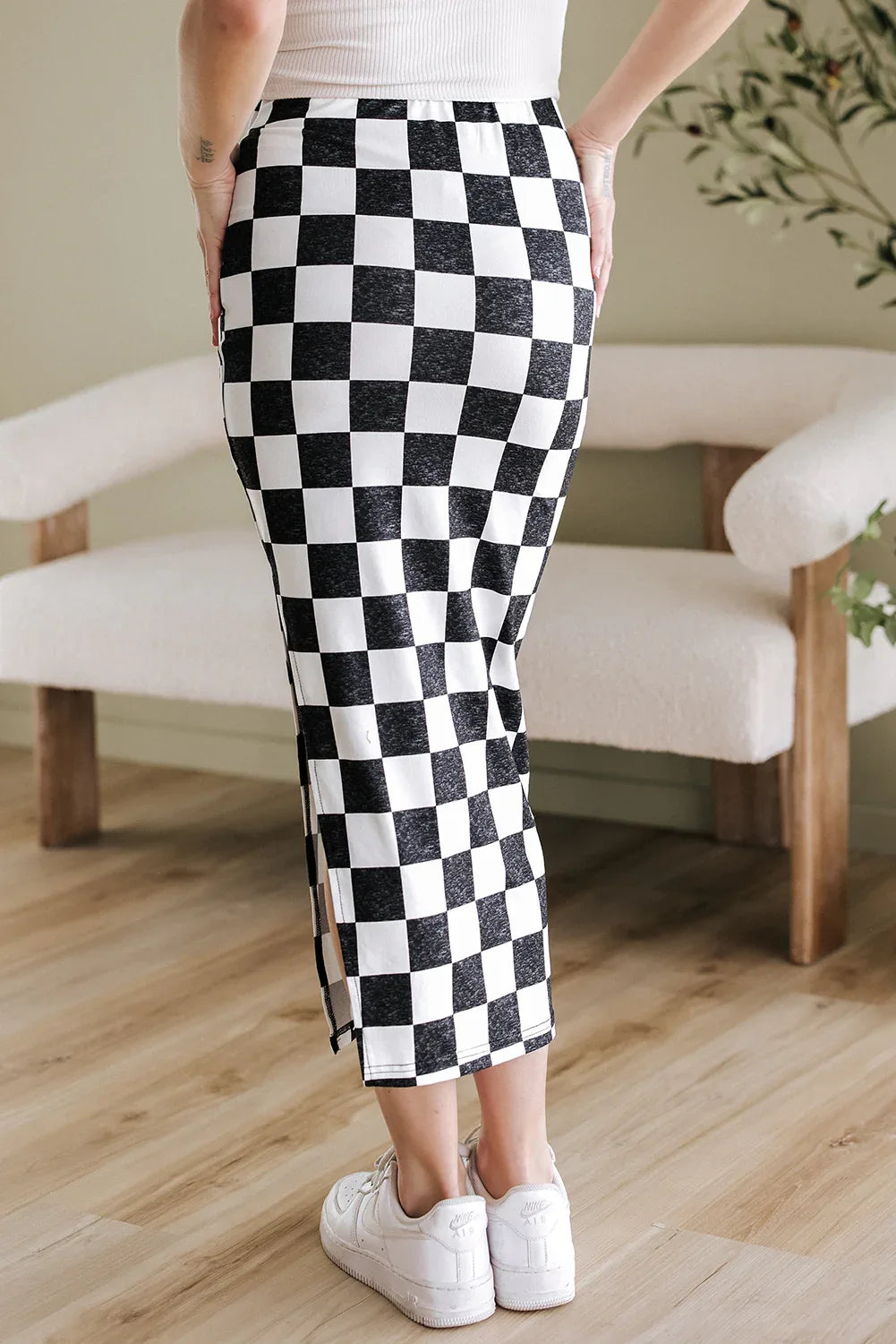 Rose Checkered Print Side Slit High Waist Midi Skirt - Windgat