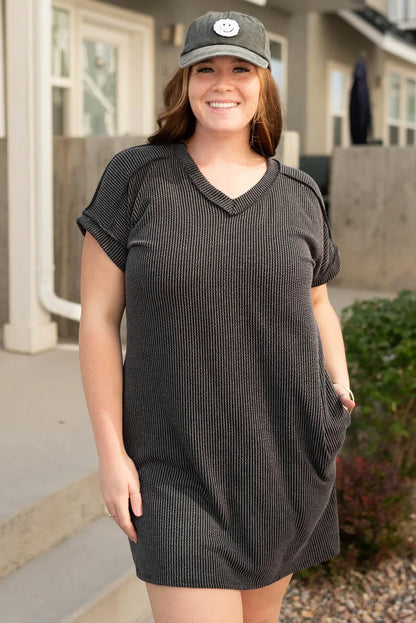 Carbon Grey Corded V Neck Plus Size T Shirt Dress with Pockets - Windgat