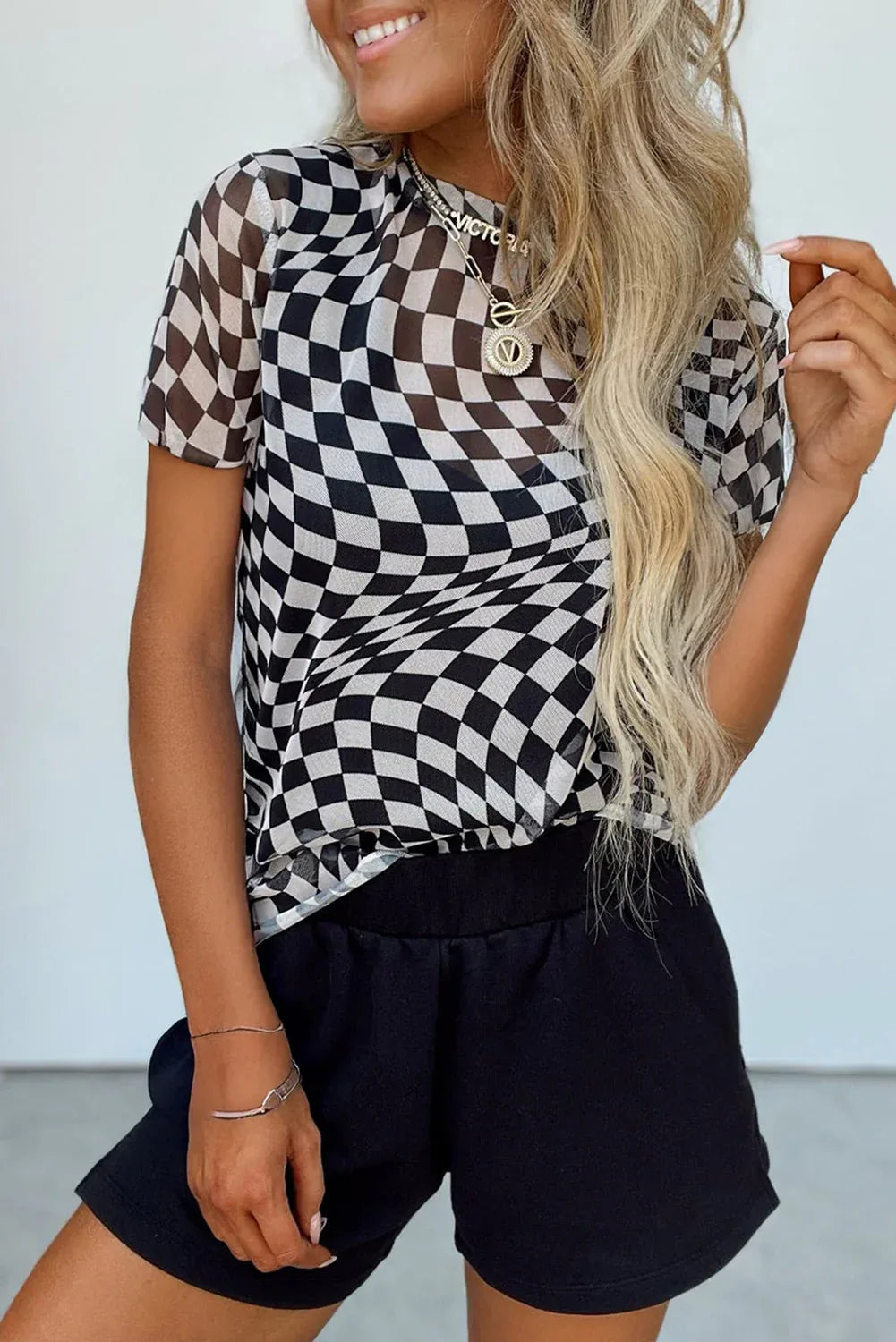 Black Checker Mesh Crew Neck T Shirt - Windgat