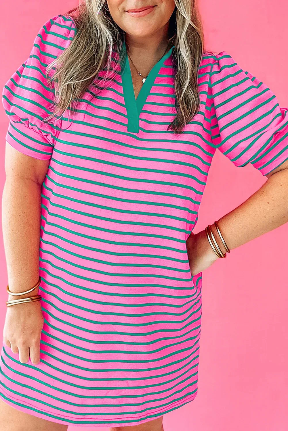 Rose Stripe Collared V Neck Puff Sleeve Shift T Shirt Dress with Pockets - Windgat