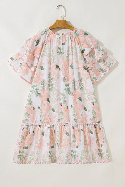 Pink Plus Size Floral Print Striped Detail Short Summer Dress - Windgat