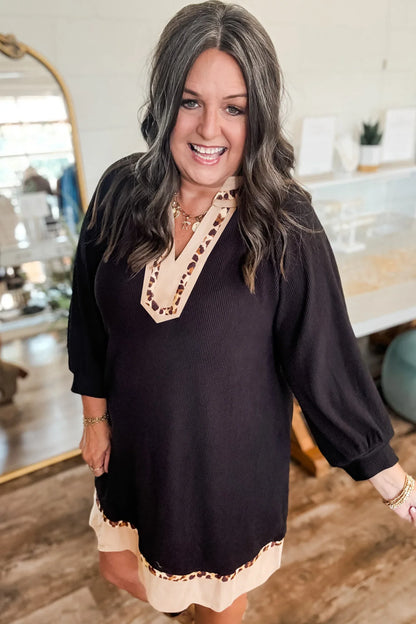 Black Contrast Color Block Leopard Trim Plus Size Ribbed Dress - Windgat