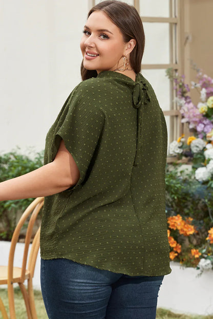 Moss Green Plus Size Swiss Dot Mock Neck Tied Nape Top - Windgat