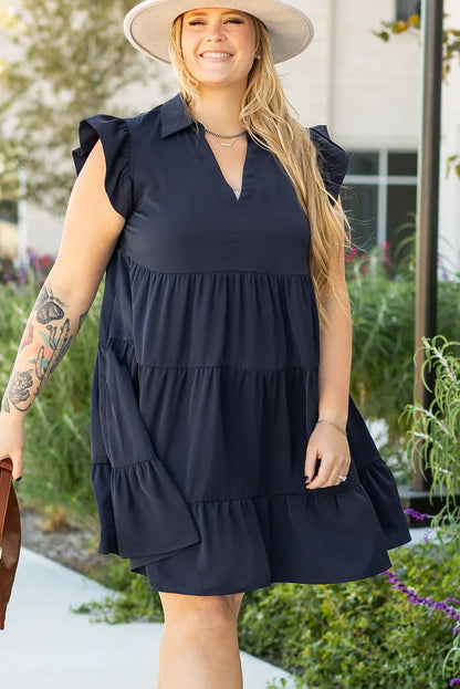 Navy Blue Collared V Neck Flutter Sleeve Tiered Plus Size Dress - Windgat