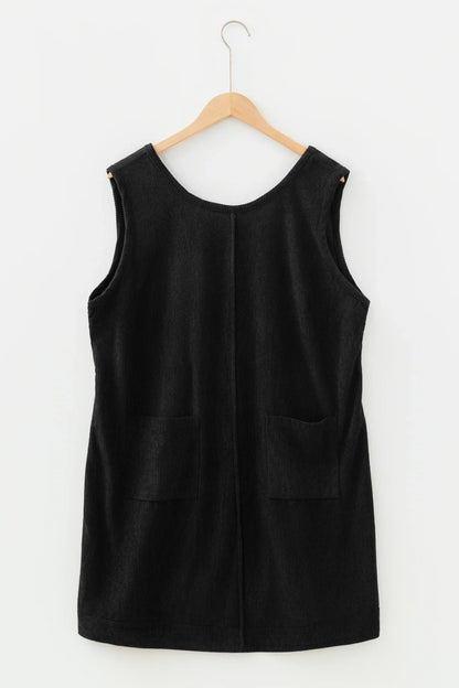 Black Plus Size Corduroy Patch Pocket Sleeveless Mini Dress - Windgat