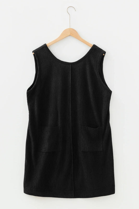 Black Plus Size Corduroy Patch Pocket Sleeveless Mini Dress - Windgat