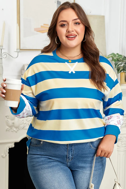 Blue Stripe Floral Color Block Drop Shoulder Plus Size Pullover Top - Windgat