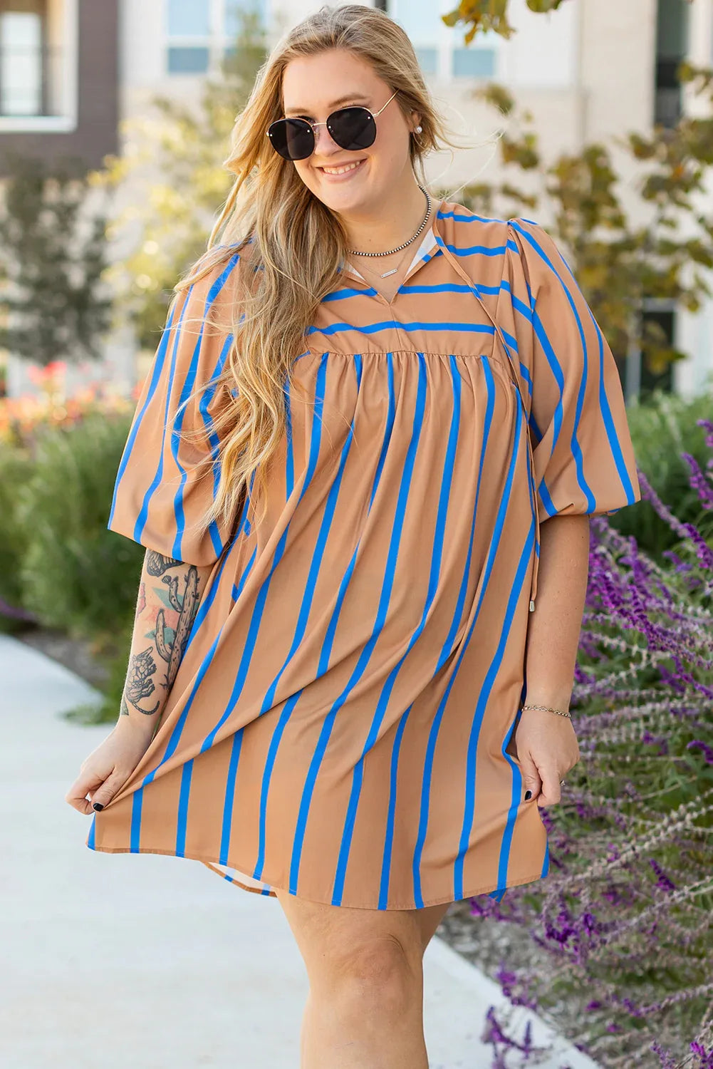 Khaki Stripe Contrast Striped Print 3/4 Sleeve Babydoll Plus Size Dress - Windgat