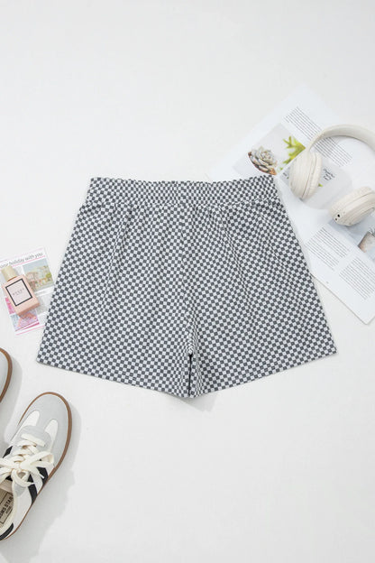 Gray Checkerboard Print Drawstring Elastic Waist Pocketed Shorts - Windgat