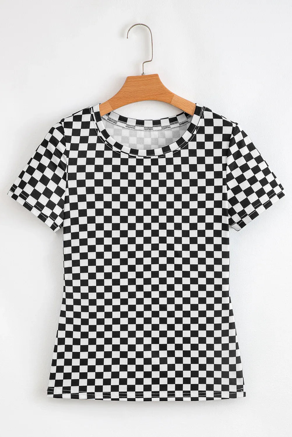 Black Checkered Ribbed Slim Fit Crew Neck T Shirt - Windgat
