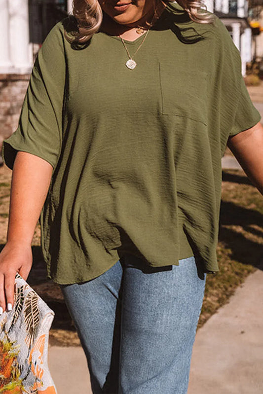 Four Leaf Clover Textured Half Sleeve V Neck Plus Size T Shirt with Chest Pocket - Windgat