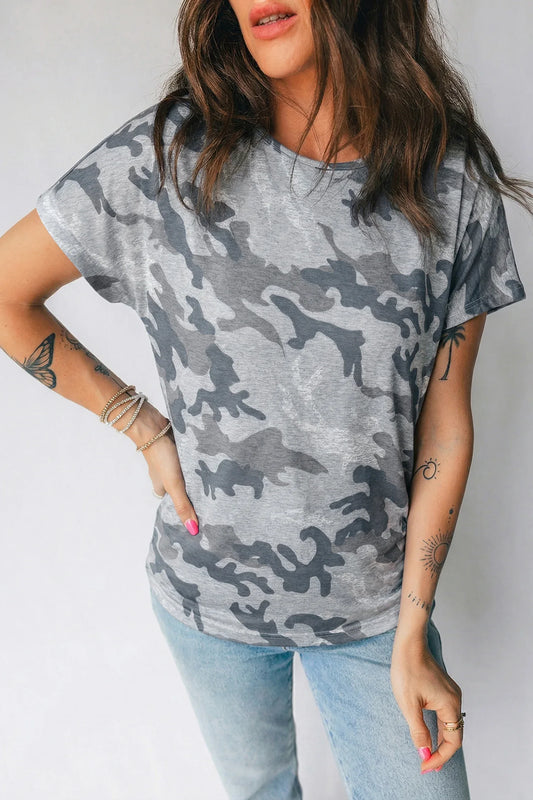Gray Camouflage Print Round Neck T Shirt - Windgat