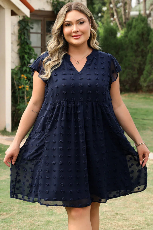Navy Blue Dotty Textured Notched Neck Plus Ruffled Dress - Windgat