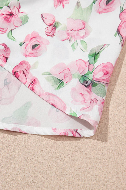 Pink Floral Split Neck Short Sleeve Loose Plus Size Mini Dress - Windgat