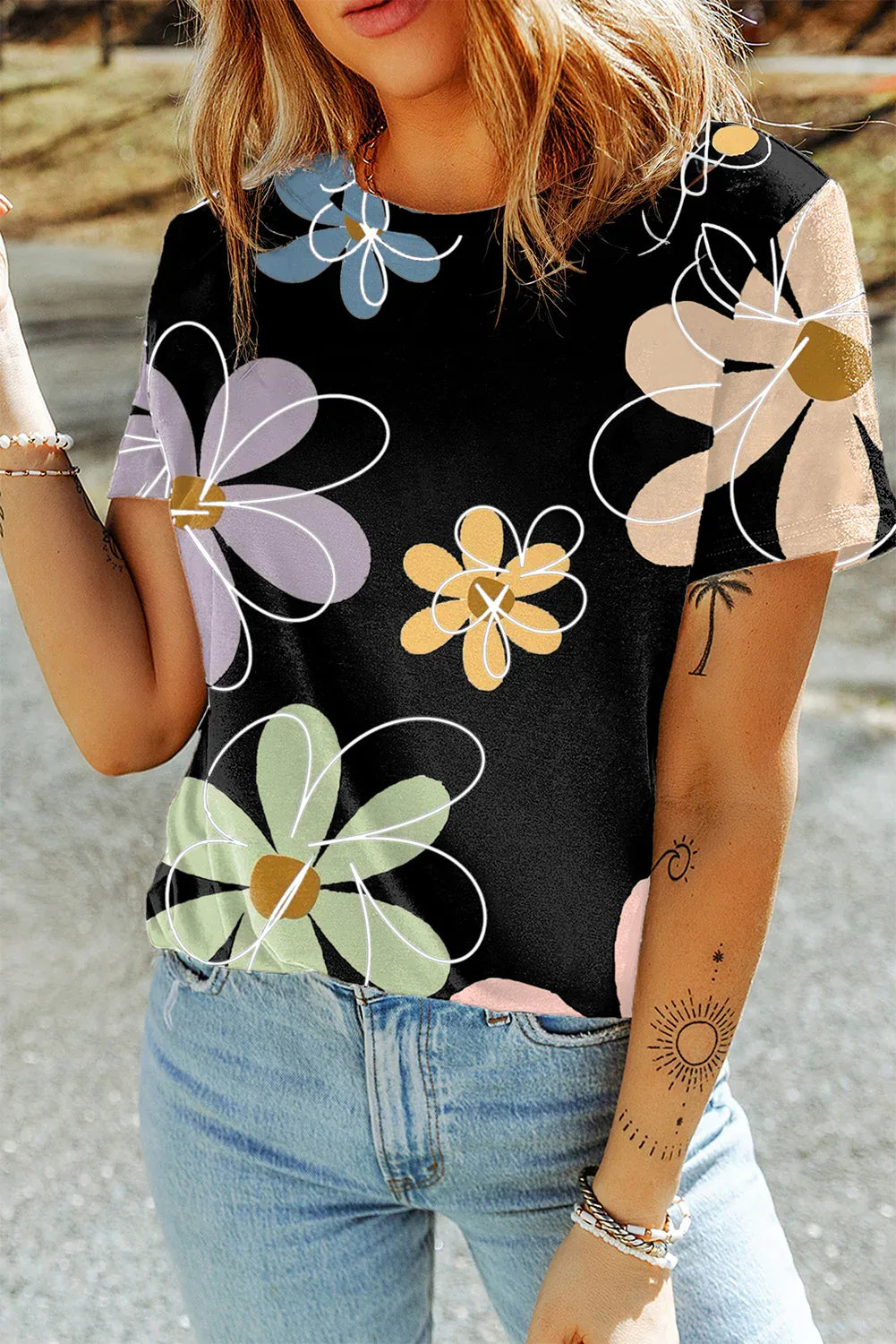 Beige Summer Flower Print Casual Round Neck T Shirt - Windgat