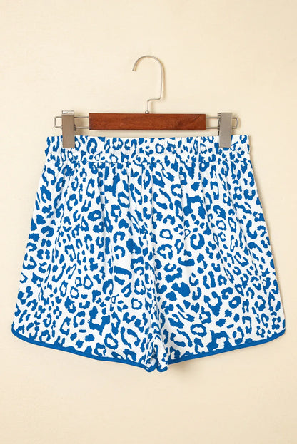 Blue Leopard Elastic Waistband Lace up Contrast Trim Casual Shorts - Windgat