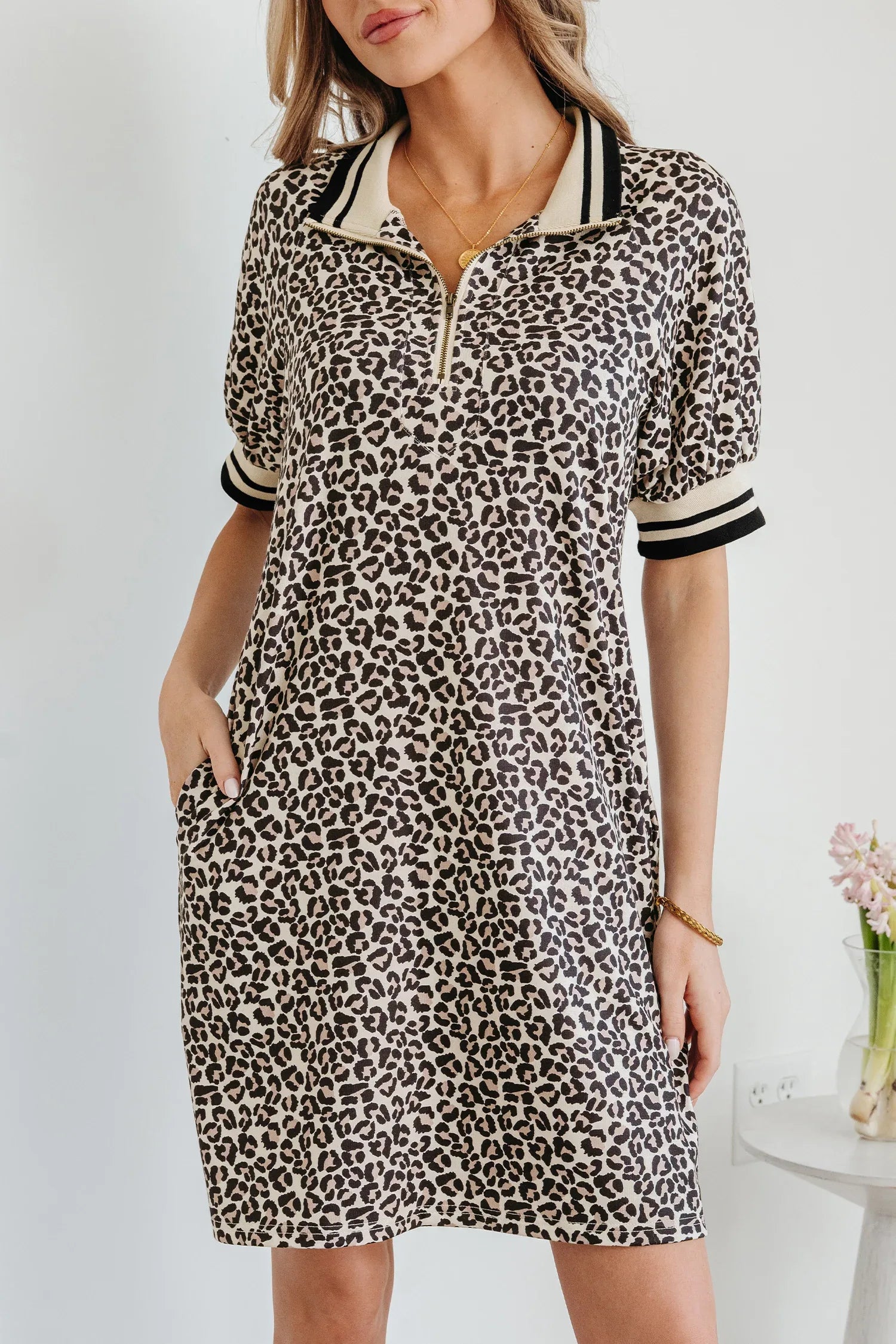 Khaki Leopard Print Zip Neck Striped Webbing Patchwork T Shirt Mini Dress - Windgat