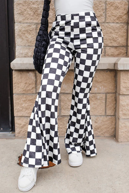 Black Checkerboard High Rise Casual Flared Pants - Windgat