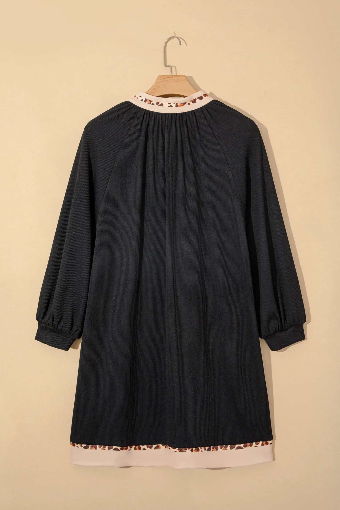 Black Contrast Color Block Leopard Trim Plus Size Ribbed Dress - Windgat