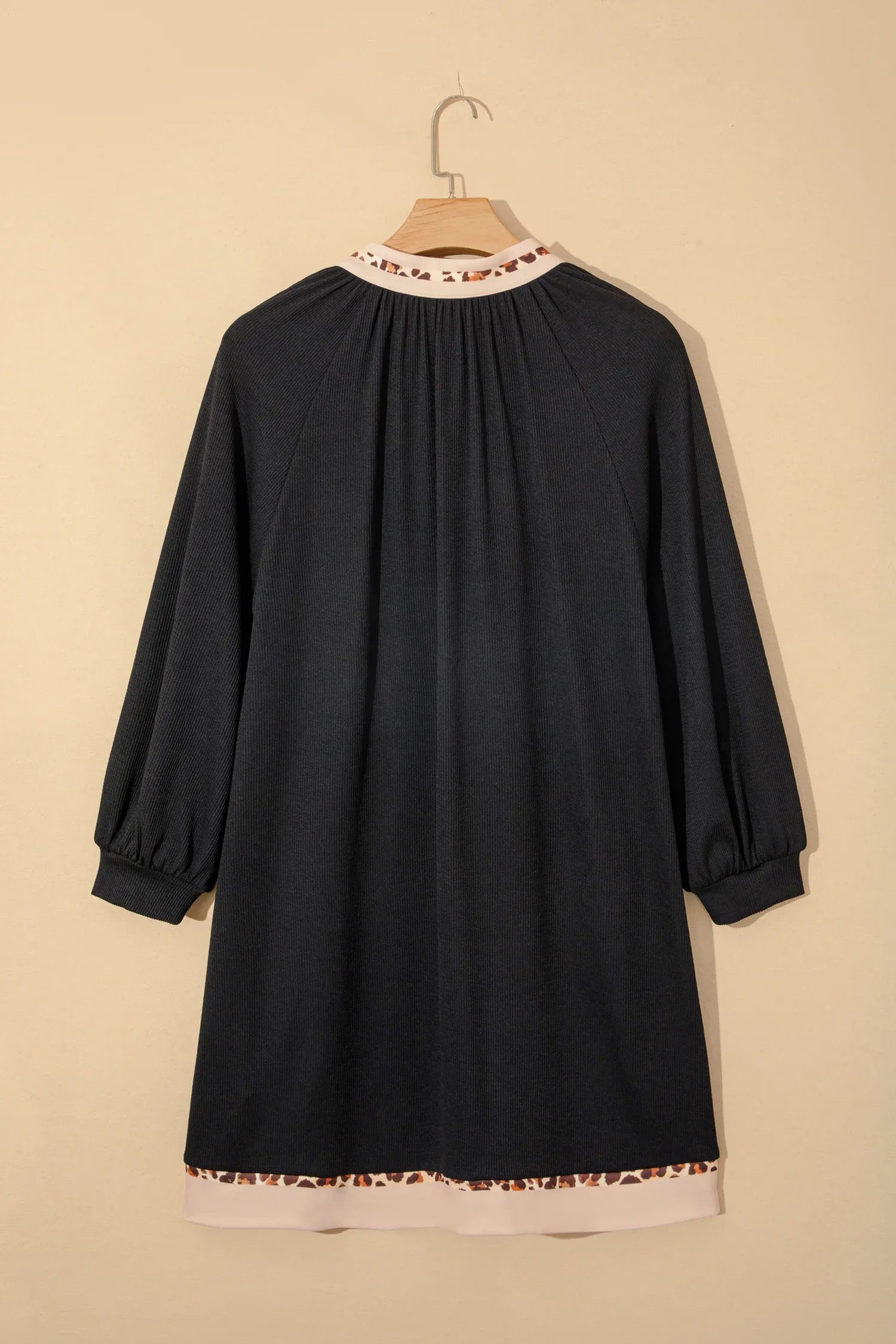 Black Contrast Color Block Leopard Trim Plus Size Ribbed Dress - Windgat
