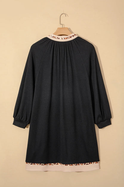 Black Contrast Color Block Leopard Trim Plus Size Ribbed Dress - Windgat
