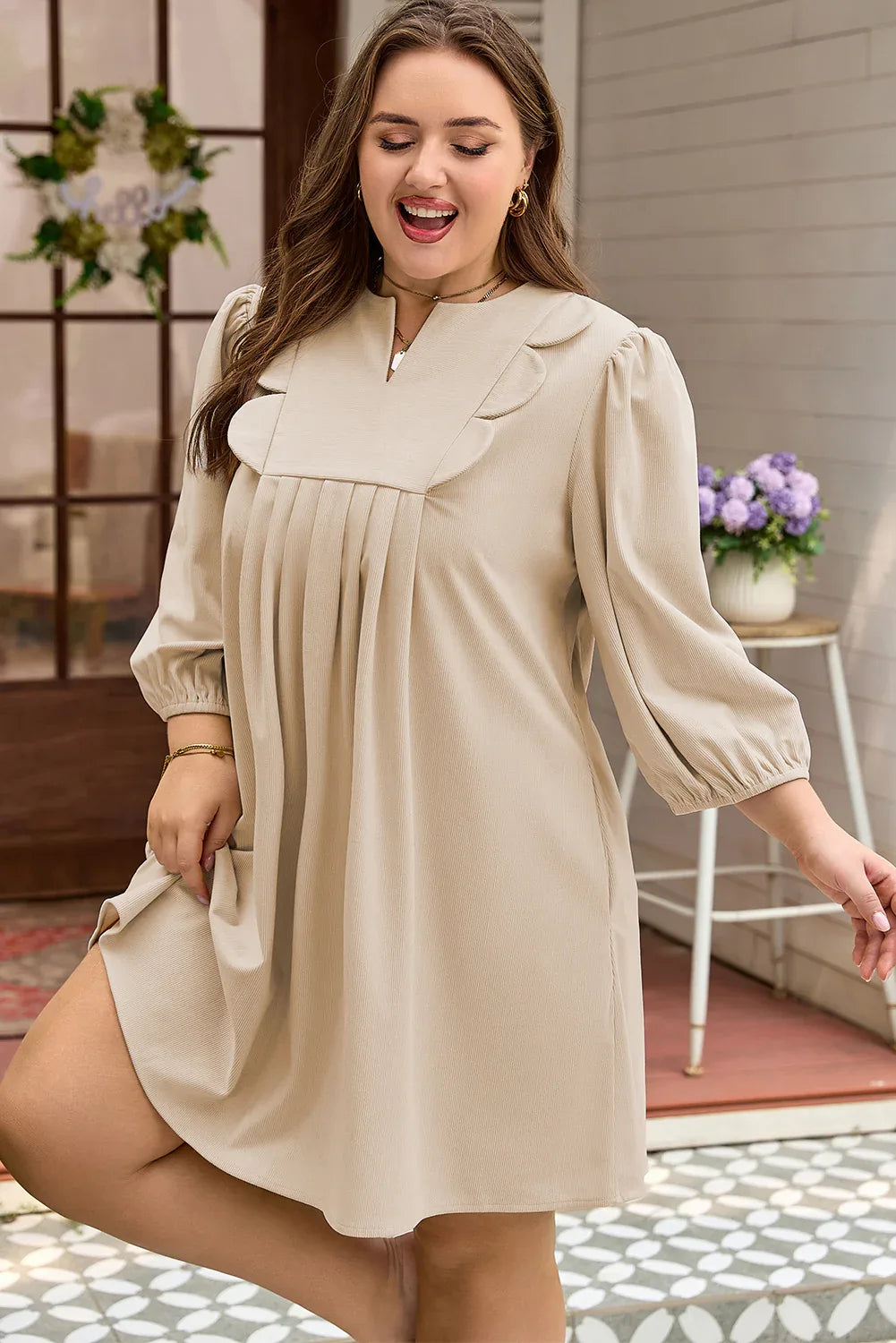 Parchment Notched Neck Scallop Detail Plus Size Mini Dress - Windgat
