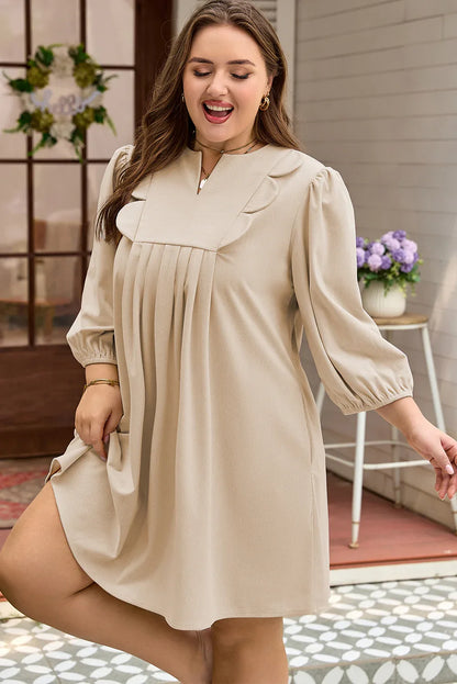 Parchment Notched Neck Scallop Detail Plus Size Mini Dress - Windgat