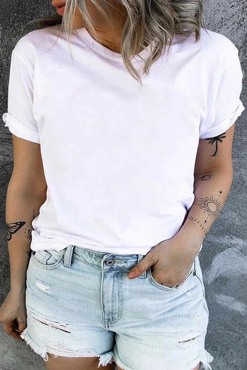 Iceland Blue Round Neck Rolled Sleeve Plus Size T-shirt - Windgat