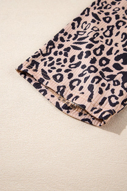 Khaki Leopard Print Ribbed Textured Knit Biker Shorts - Windgat