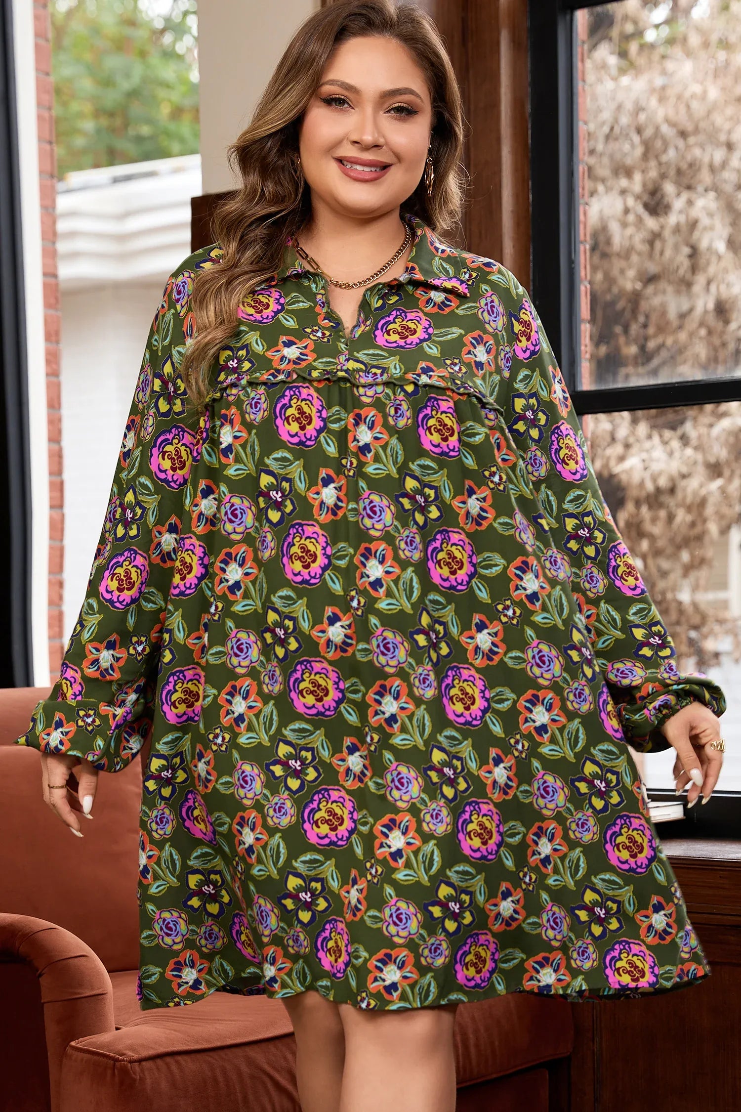 Green Plus Size Floral Print Collared V Neck Loose Mini Dress - Windgat