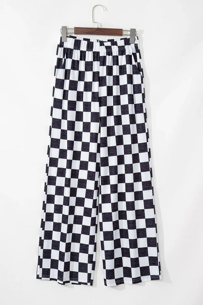 Green 2-Tone Checked Print High Waist Wide Leg Pants - Windgat