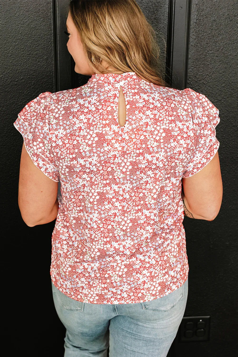 Pink Plus Size Floral Print Ruffled Sleeve Frilled Neck Blouse - Windgat