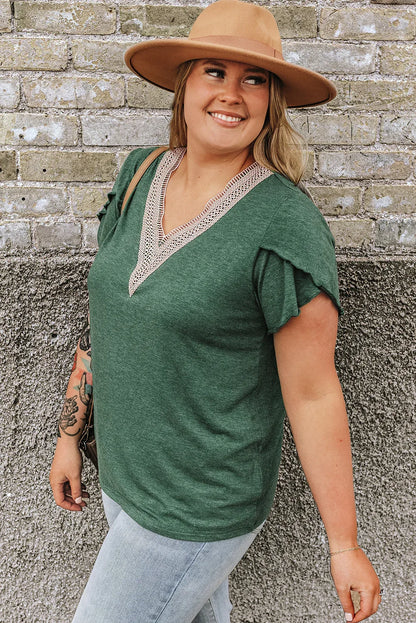 Blackish Green Plus Size Embroidery V Neck Draped Sleeve Blouse - Windgat
