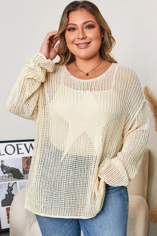 Parchment Hollow Out Knit Star Pattern Accent Plus Size Jumper - Windgat
