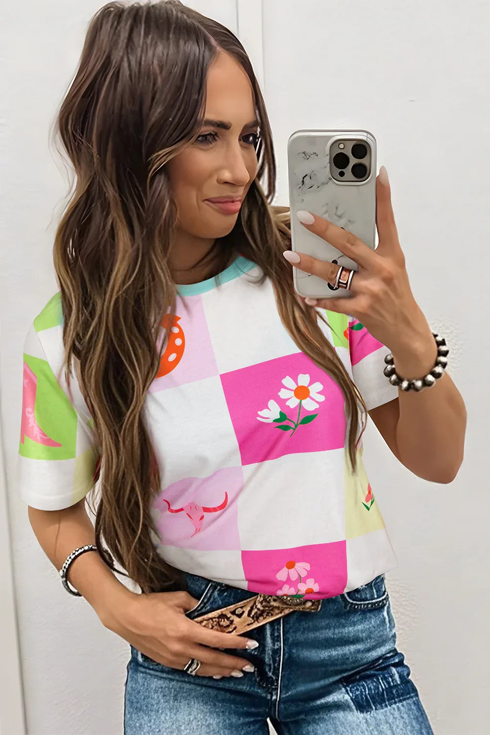 Sky Blue Western Fashion Checker Print Crewneck T Shirt - Windgat