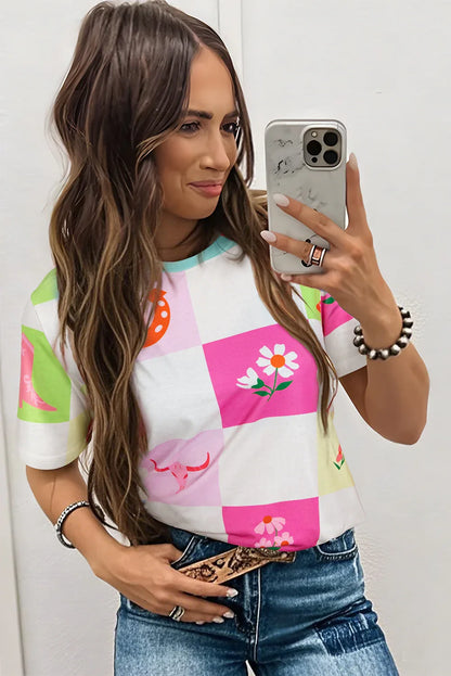 Sky Blue Western Fashion Checker Print Crewneck T Shirt - Windgat