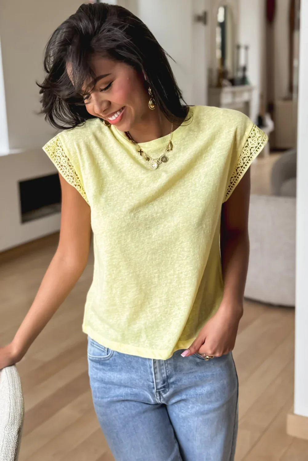 Yellow Cream Lace Patchwork Cap Sleeve Round Neck T Shirt - Windgat