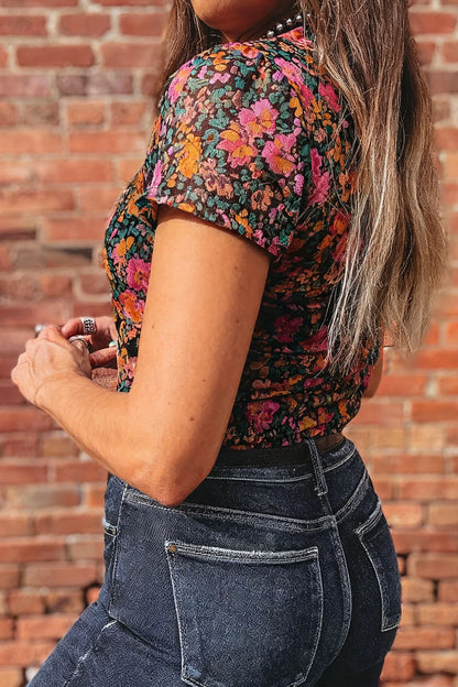 Rose Retro Floral Printed Mesh Short Sleeve Top - Windgat