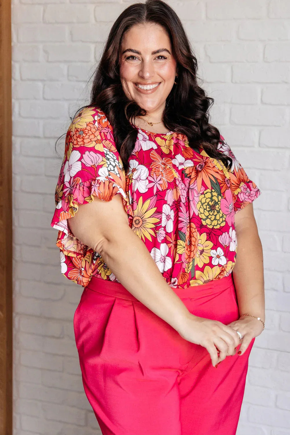 Rose Plus Size Floral Print Ruffle Short Sleeve Blouse - Windgat